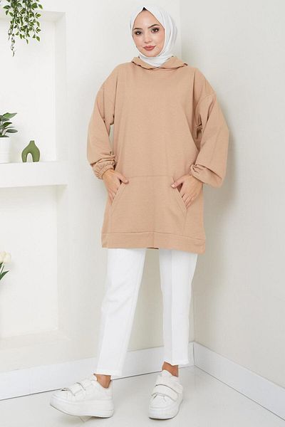 hafsamina Camel Colored Kangaroo Pocket Hooded Sweatshirt - Hm2510
