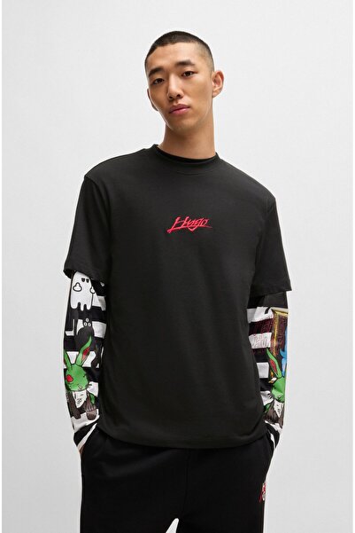 HUGO Men's Round Neck Double Logo Short Sleeve Black T-Shirt 50527926 -001