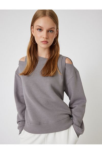 Koton Raster Oversize Sweatshirt Asymmetrical Neck Window Detail Long Sleeve Ribbed