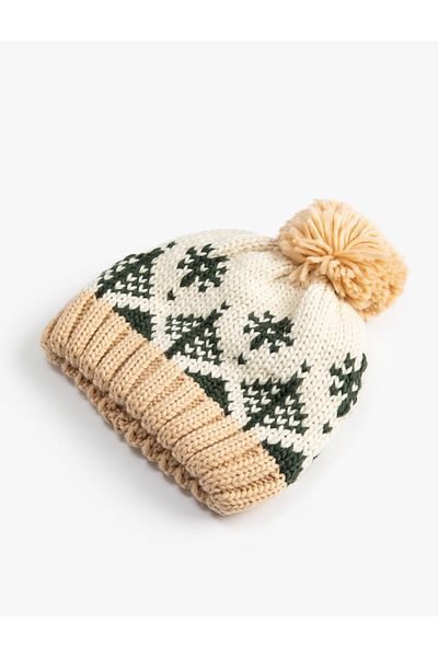 Koton Knitted Beret with Pompom and Pattern