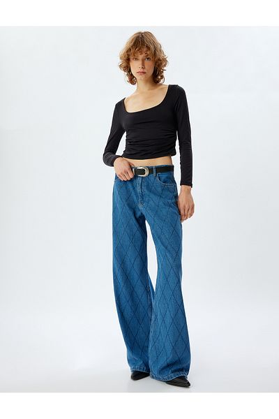 Koton Jeans mit weitem Bein und Schmucksteinen sowie geknöpften Taschen (Standardtaille) - Weites Bein