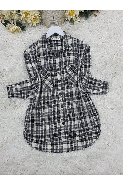 Modamorfo Langes, geknöpftes Tweed-Hemd mit zwei Taschen – Ecru