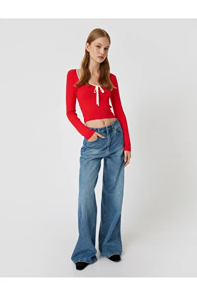 Koton Heart Collar Bow Long Sleeve Slim Fit Blouse - Ribbed Corded Design