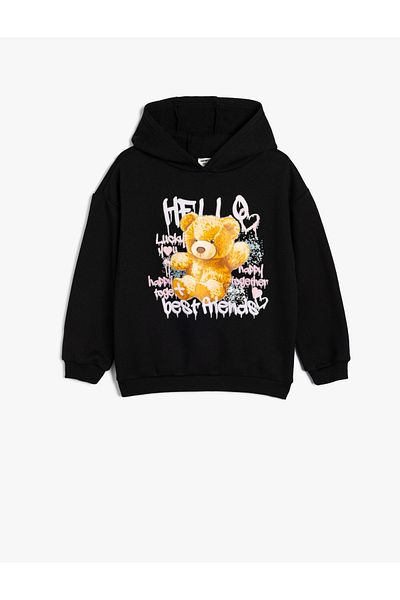 Koton Teddy Bear Printed Hooded Sweatshirt - Raster Slogan Themed
