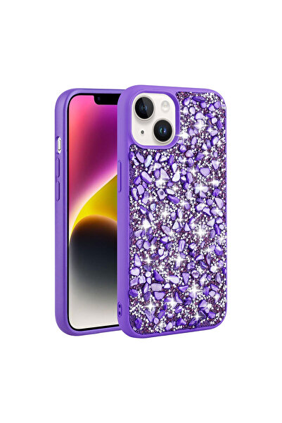 Techaks حافظة Zore Linea بتصميم حجر لامع متوافق مع هاتف iPhone 14 - أرجواني