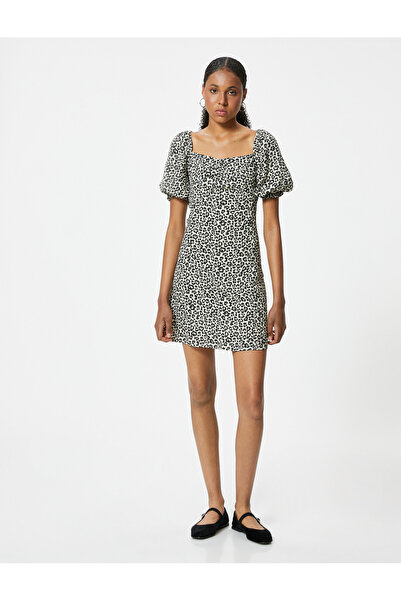 Koton Leopard Print Slim Fit Mini Dress - Balloon Sleeve and Heart Collar