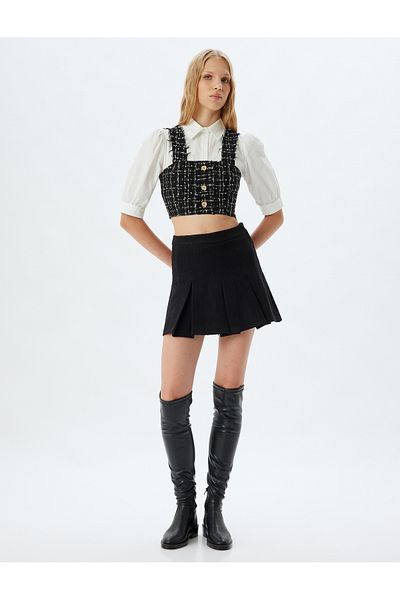 Koton Cămașă crop cu mânecă cu balon din țesătură tweed - Slim Fit cu nasturi