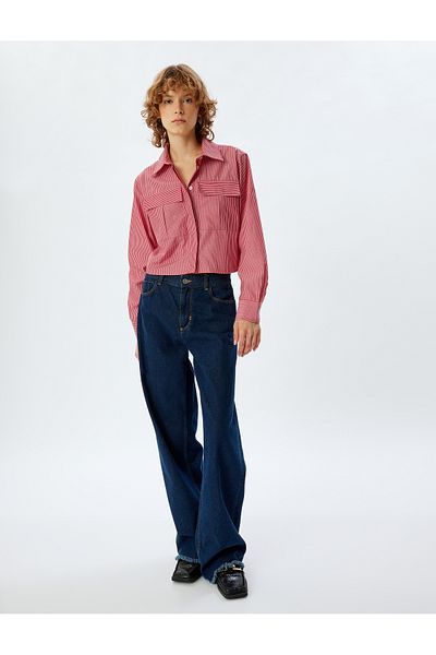 Koton Long Sleeve Crop Shirt - Classic Collar and Buttoned Pocket Detail