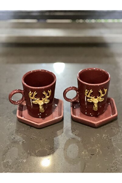 MeGgDecor Bordol 2'Lİ 4 Parça Geyik  Fincan Seti