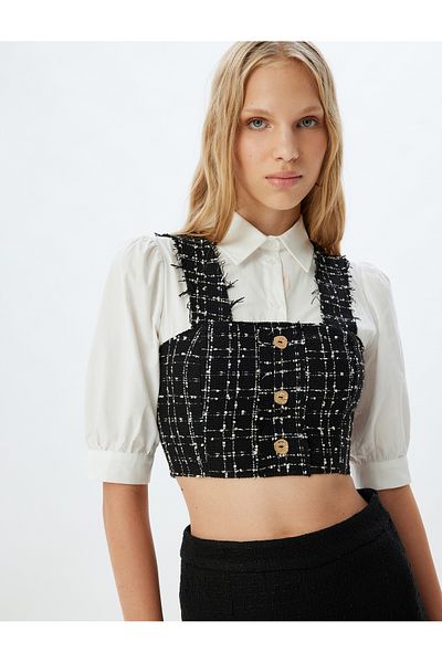 Koton Cămașă crop cu mânecă cu balon din țesătură tweed - Slim Fit cu nasturi