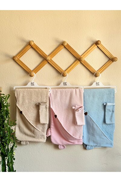 Flexi Baby Organik Kumaş  %100 Pamuk Kapşonlu Bebek Banyo Havlusu ve Kese