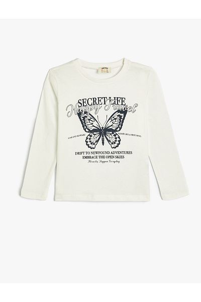 Koton Long Sleeve Cotton T-Shirt - Butterfly Printed, Crew Neck