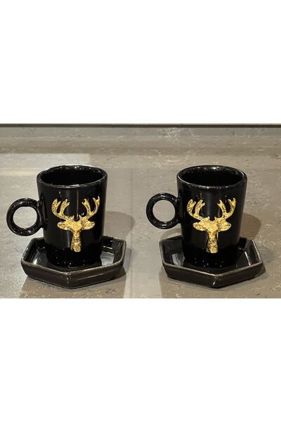 MeGgDecor Siyah 2'Lİ 4 Parça Geyik  Fincan Seti