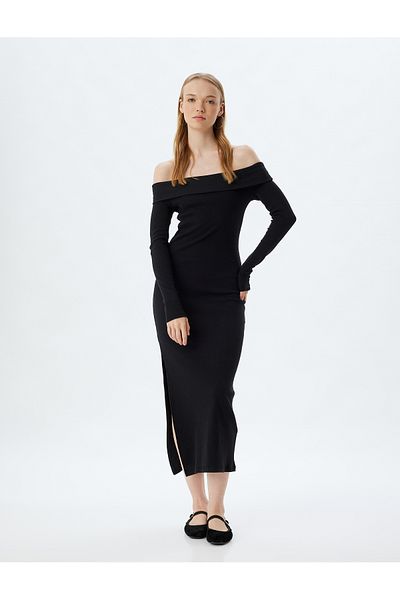 Koton Μίντι Φόρεμα Slim Fit με ραβδωτή λαιμόκοψη και σκίσιμο - μακρυμάνικο