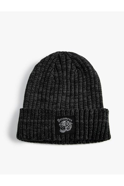 Koton Knitted Beret Folded Label Printed