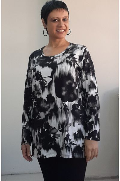 Mertcan Butik Black and White Rose Print Long-Sleeved Combed Cotton Viscose T-Shirt