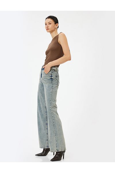 Koton Standard-Jeans mit weitem Bein und Knopftaschen aus Baumwolle – Jeans mit weitem Bein