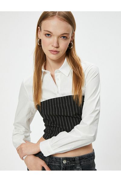 Koton Cămașă cu mânecă lungă fără bretele - Crop subțire, cu detaliu din material textil și nasturi