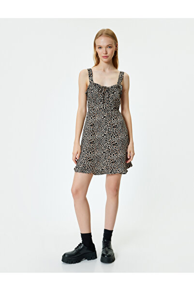 Koton Leopard Print Slim Fit Mini Dress - A-line, Sleeveless, Square Collar