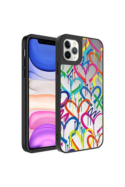 zore iPhone 11 Pro Compatible Mirror Pattern Camera Protected Glossy Zore Mirror Case-Heart