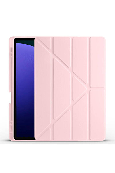 zore Galaxy Tab S9 Plus Case Compatible Zore Tri Folding Stand Case with Pen Compartment - Rose Gold