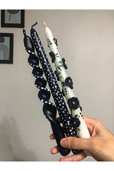 Elif Design 3’lü gümüş detaylı siyah şamdan mum seti /  şamdan mum