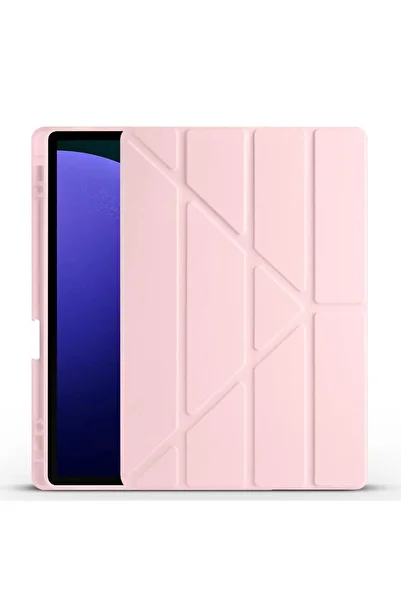 zore Galaxy Tab S9 FE Plus Case Zore Tri Folding With Pen Compartment Stand Case-Rose Gold