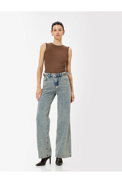 Koton Standard-Jeans mit weitem Bein und Knopftaschen aus Baumwolle – Jeans mit weitem Bein