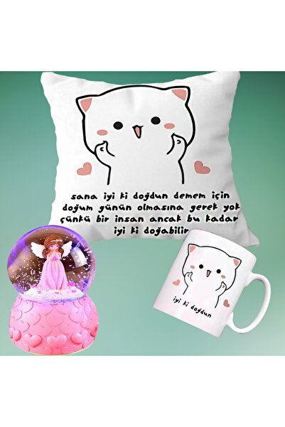 rk tasarım İyi Ki Doğdun Doğum Günü Yastık & Kupa & Pembe Peri Işıklı Sihirli...