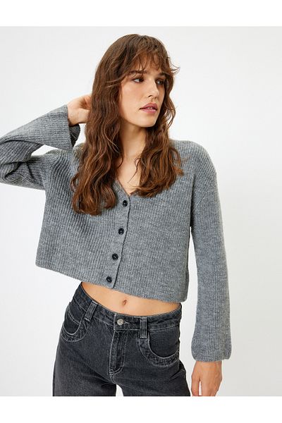 Koton V-Neck Buttoned Long Sleeve Knitted Cardigan