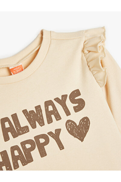 Koton Bavlnené tričko s dlhým rukávom a výstrihom - s potlačou sloganu a volánikom