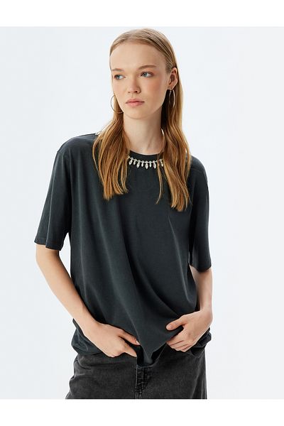 Koton Crew Neck Stone Detailed Cotton T-shirt