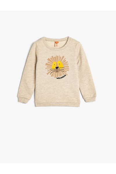 Koton Lion Printed Cotton Sweatshirt - Long Sleeve and Ribbon