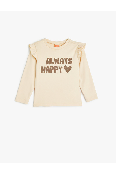 Koton Bavlněné tričko s dlouhým rukávem a výstřihem - s potištěným sloganem a nařaseným