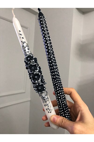 Elif Design 2’li gümüş detaylı el yapımı mum seti / siyah şamdan mum seti