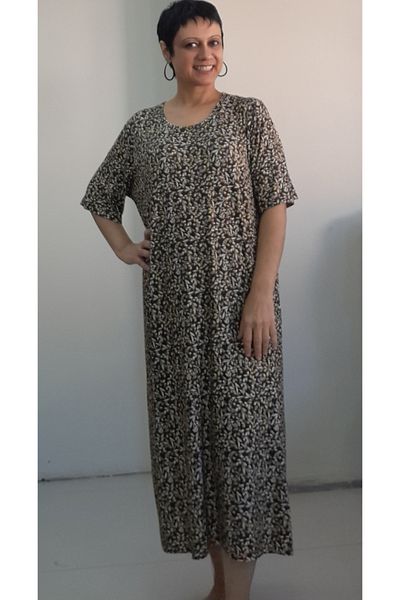 Mertcan Butik Καφέ κίτρινο φλοράλ στάμπα κοντομάνικο χτενισμένο βαμβακερό φόρεμα βισκόζης