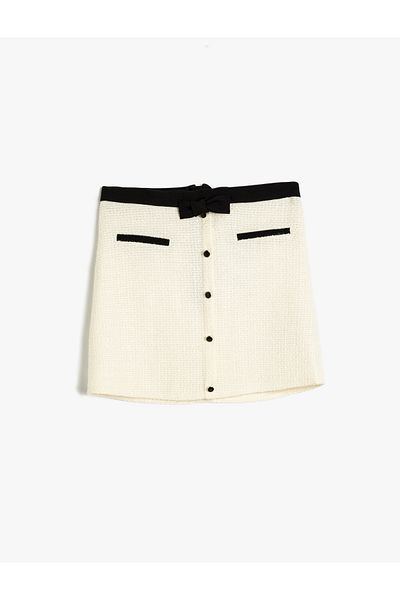 Koton Tweed Skirt - Button Design with Pocket Detail and Bow