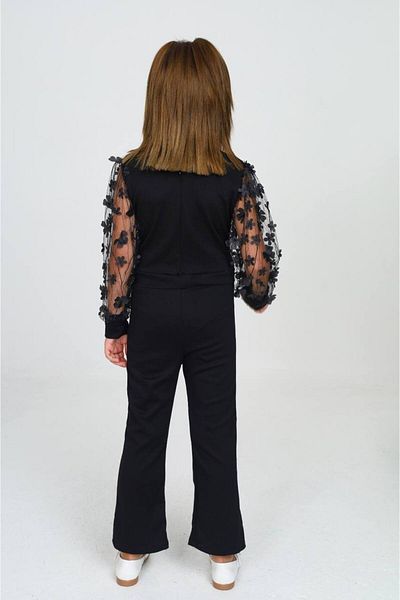 ARBİ kids Girl's Black Sleeve Floral Steel Interlock Fabric Jumpsuit