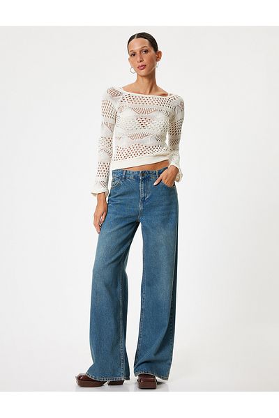 Koton Long Sleeve Viscose Boat Neck Crochet T-Shirt