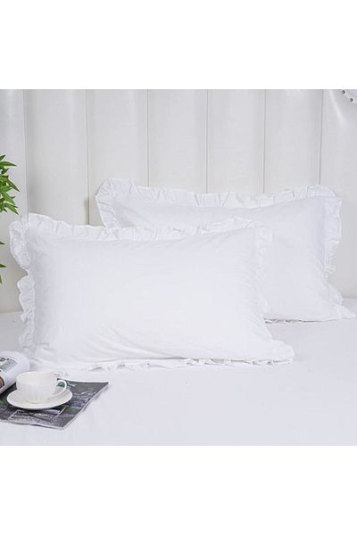 Erba kreasyon 2 Λευκές Λινές Μαξιλαροθήκες με βολάν - 50x70 cm