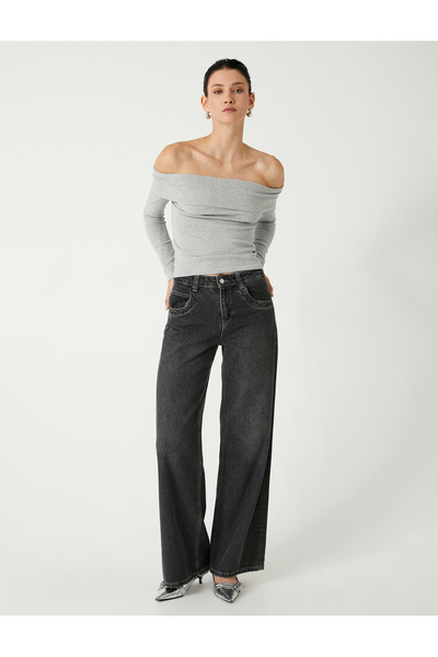 Koton Μπλουζάκι με γιακά Madonna με ριμπ διπλωμένο μακρυμάνικο λεπτή εφαρμογή