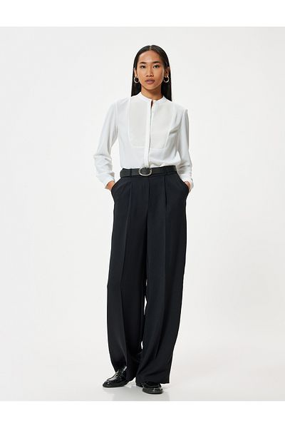 Koton Satin Shirt - Collarless, Long Sleeve, Two Different Fabric Uses