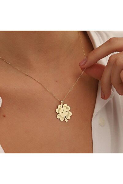 VeraDesignGold 14 Ayar Altın Kişiye Özel Kolye, Isimli Kolye, Yonca Kolye, Kalpli Ve Isimli Aile Kolye