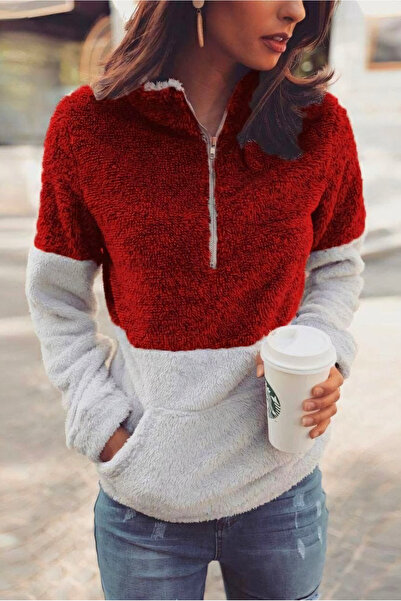 New İstanbul Luna Unisex Kırmızı Dik Yaka Peluş Sweatshirt