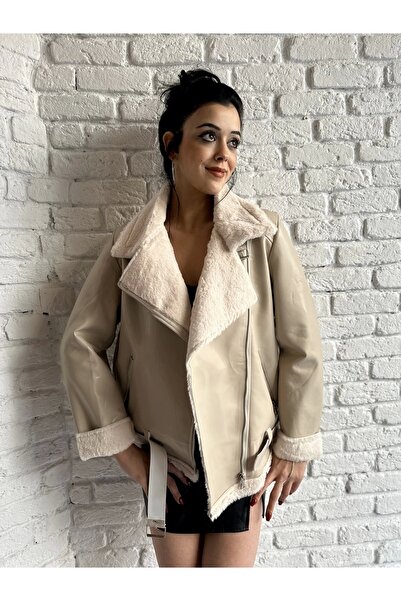 moneta boutique Γυναικείο παλτό Biker με ζώνη από συνθετικό δέρμα με πλήρη γούνα