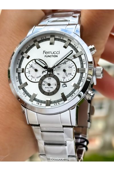 Ferrucci Brand Functions Active Silver Color Steel Cord Men's Wrist Watch + Rosary Bracelet