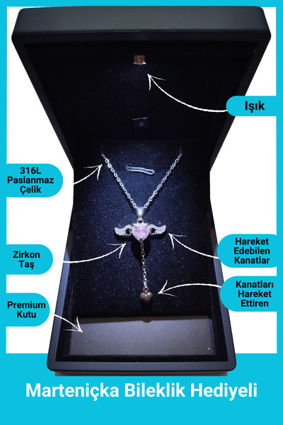 SeyCey.co Işıklı Premium Kutuda | Pembe Taşlı Melek Kanatlı Kalp Kolye | Yeni Yıl Hediyesi | Yılbaşı Hediyesi