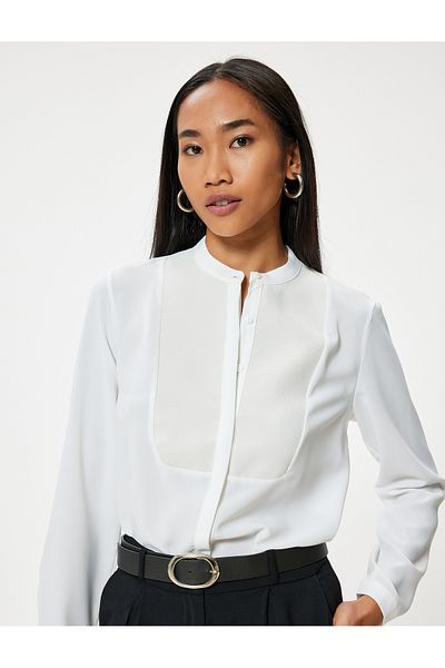 Koton Satin Shirt - Collarless, Long Sleeve, Two Different Fabric Uses
