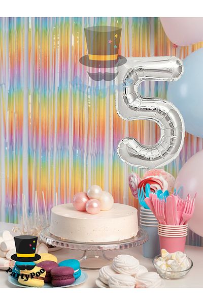 PartyPoo Foil Balloon 5 Number Helium Balloon 100 cm Silver Color - 5 Year Old Balloon - Birthday -5 Number Balloon