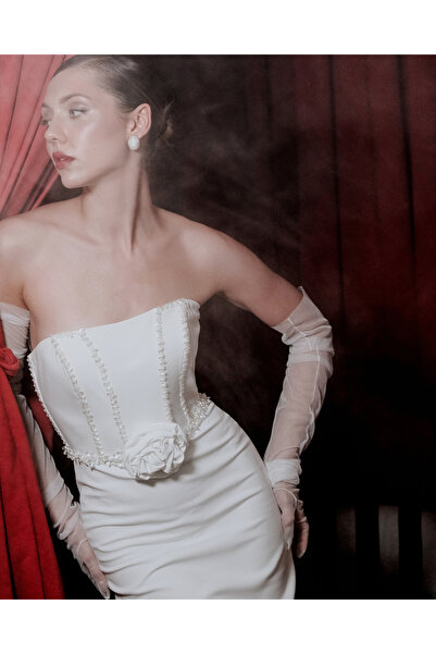 bontesel Beyaz İnci İşleme Detay Mini Elbise Beyaz Mini Abiye Elbise